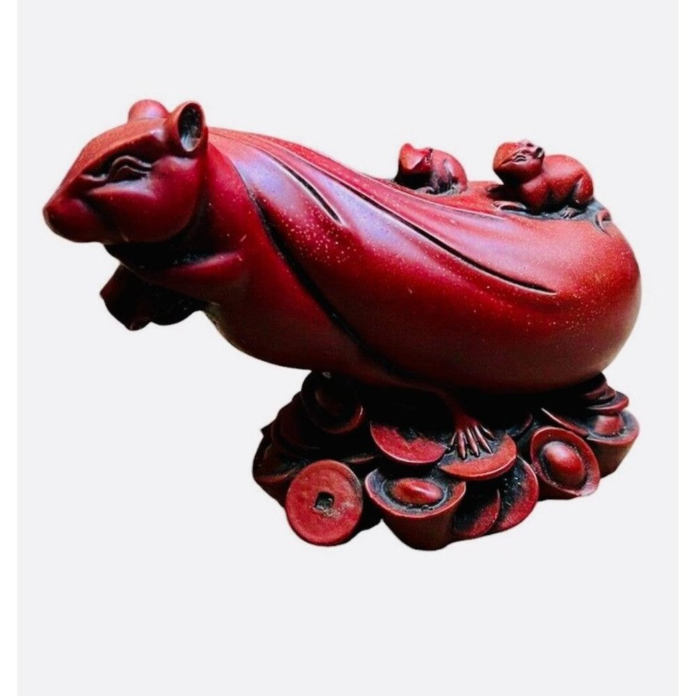 Chinese Wood Feng Shui Zodiac Coin Wealth Rat Mouse Statue Figurine